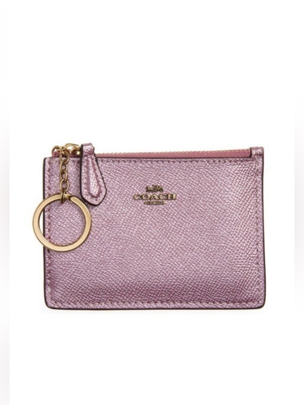 Coach Mini Skinny ID Case Metallic Pink Leather Card Holder Key Ring NWT